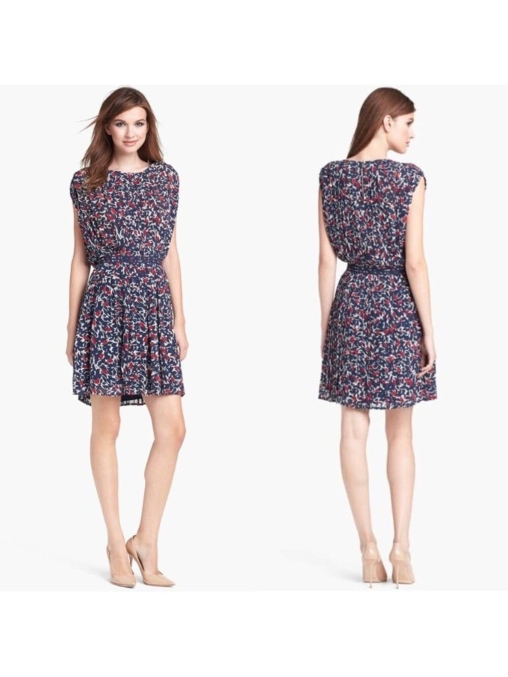 Joie Halsette Silk Pleated Sleeveless Blouson Floral Mini Dress Royal Navy Red M